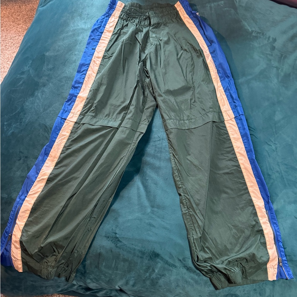 Free People movement Green Track Pants with Blue & Cream Side Stripes Medium